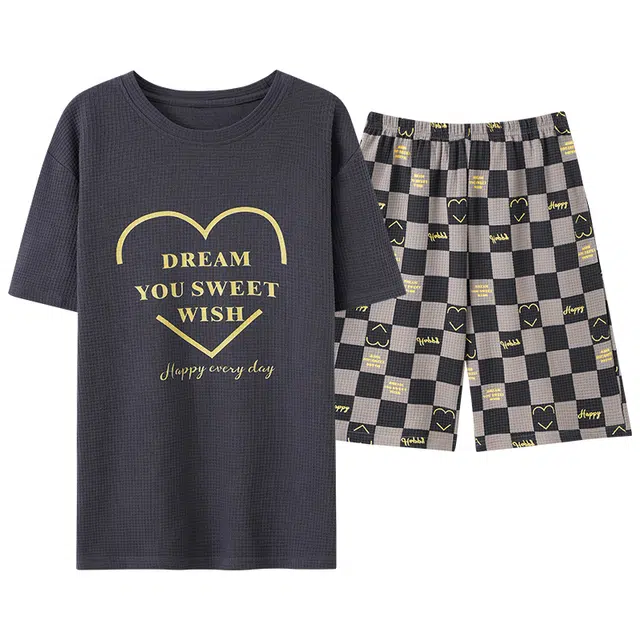 莫代尔 简约字母时尚韩版舒适亲肤透气短袖松紧带可外穿休闲五分裤睡衣套装 男款 浅灰色