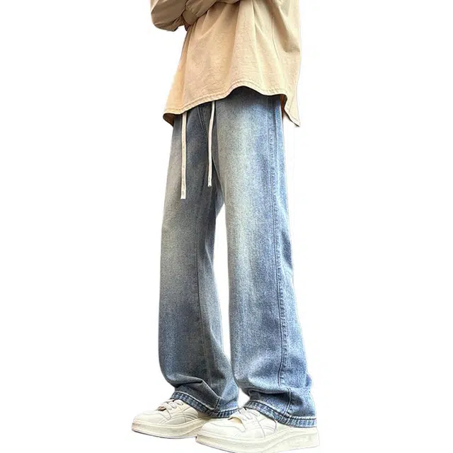 雅鹿 宽松阔腿水洗耐磨美式复古微喇牛仔裤 男款