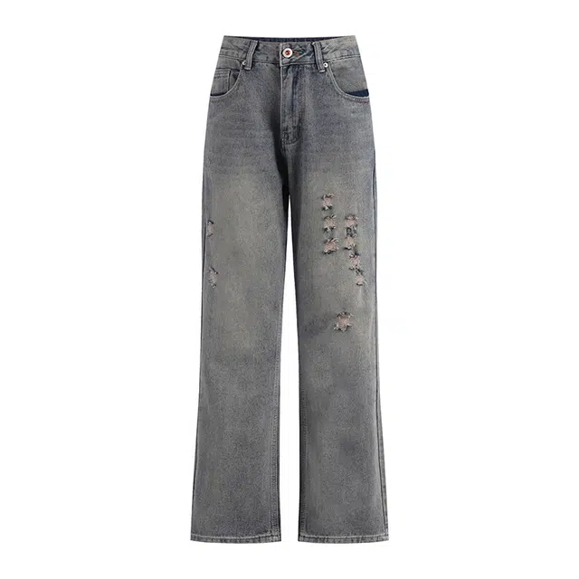 雅鹿 美式复古高街百搭中腰宽松阔腿水洗耐磨中腰休闲牛仔裤 男女同款 怀旧蓝