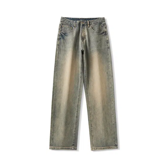 雅鹿 宽松直筒百搭牌中腰水洗耐磨复古做旧牛仔裤 男款 黄泥