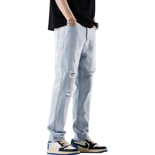 雅鹿 美式高街复古百搭水洗破洞修身直筒牛仔裤 男款 浅蓝