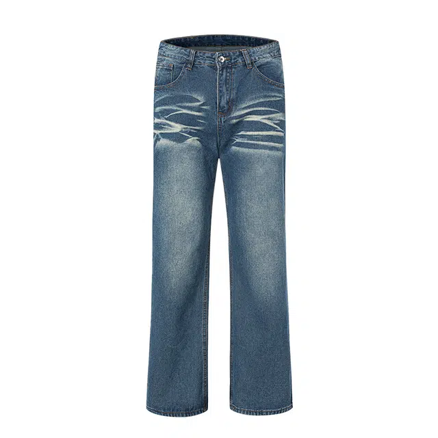 雅鹿 宽松水洗百搭美式高街复古休闲阔腿牛仔裤 男女同款 蓝色