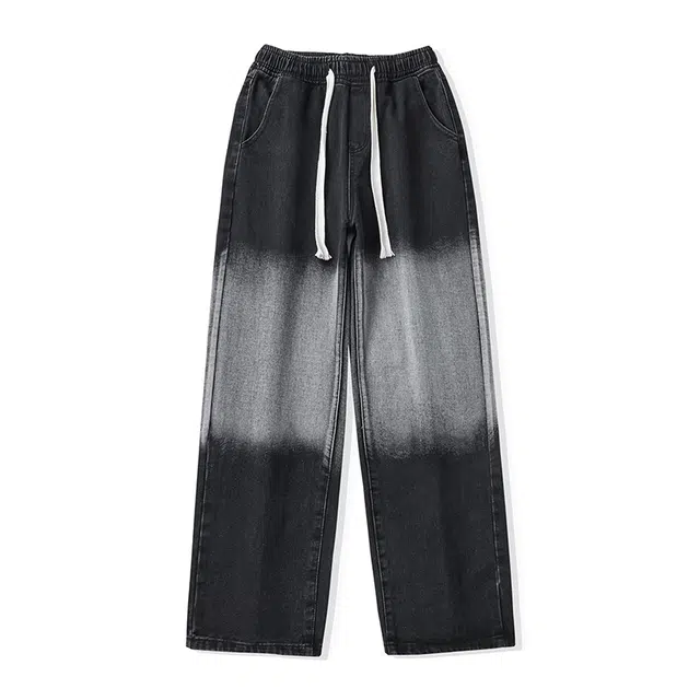 雅鹿 宽松渐变系带垂感百搭休闲水洗耐磨直筒牛仔裤 男款