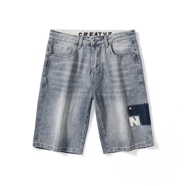 雅鹿 宽松潮牌百搭休闲字母印花水洗耐磨中腰牛仔短裤 男款 蓝色