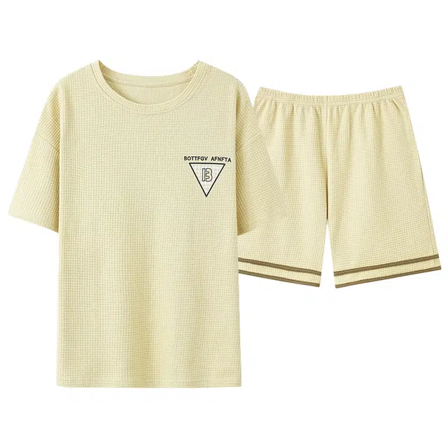 莫代尔 时尚套头圆领双口袋短袖上衣五分裤居家休闲可外穿少女睡衣套装 女款 香槟色