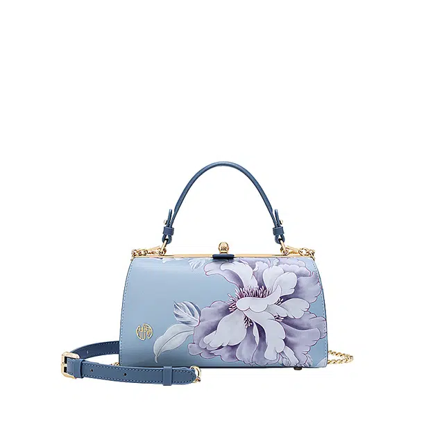 古伊西 芍药花开新中式复古枕头包 中国风印花工艺 牛皮 旗袍汉服夹子口金手提包妈妈斜挎包 小号 女款 晴山蓝