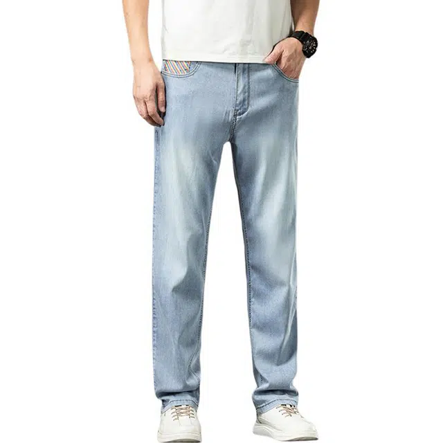 雅鹿 宽松直筒休闲百搭水洗耐磨高街美式牛仔裤 男款 冰丝蓝
