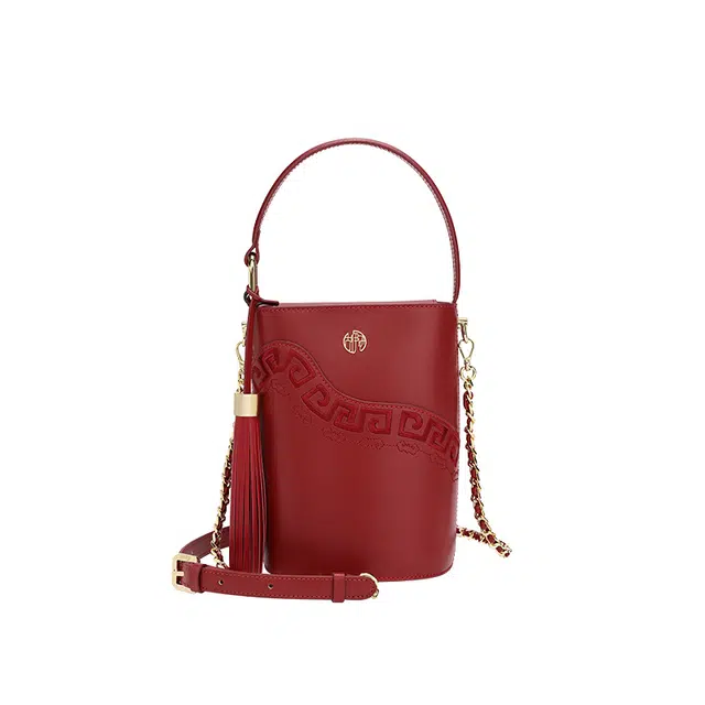 古伊西 如意回纹新中式圆筒包国风刺绣 牛皮 水桶包斜挎包手拎包 小号 女款 复古红