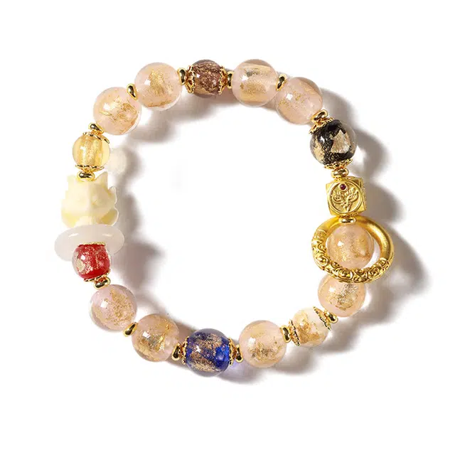 九隆古 金箔粉九尾狐 粉瓷桃花 森系国潮小众 新中式复古设计高级感 琉璃 玉石手链 男女同款情侣款