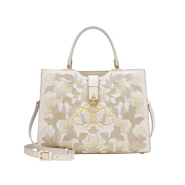 古伊西 繁花似锦新中式手提包 中国风花卉刺绣工艺绣花牛剖层革妈妈包高级感斜挎包 女款 米白