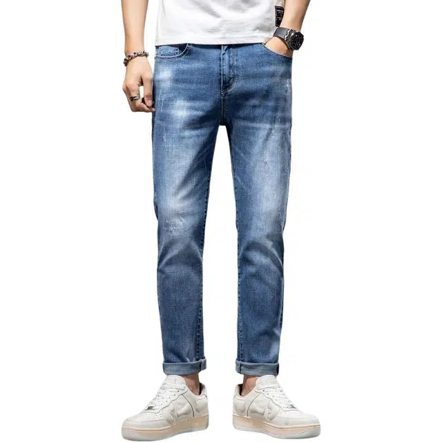 雅鹿 弹力修身直筒哈伦水洗做旧九分牛仔裤 男款 蓝色