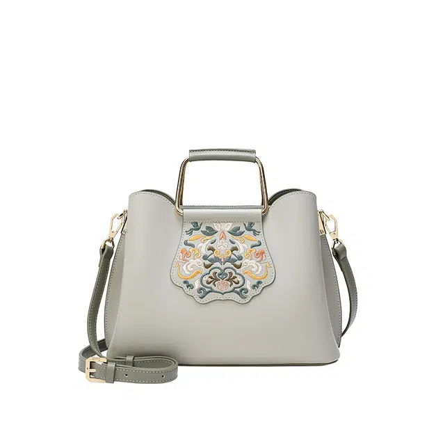 古伊西 敦煌图腾新中式复古手提包 国风刺绣工艺 牛皮 中年大容量妈妈旗袍手提包斜挎 大号 女款 玉簪青灰