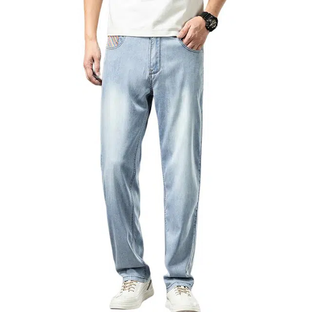 雅鹿 宽松直筒休闲百搭水洗耐磨高街美式牛仔裤 男款 冰丝蓝