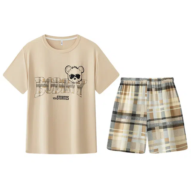 兰缪 圆领字母卡通动漫短袖上衣松紧腰五分裤睡衣套装 男款 卡其色