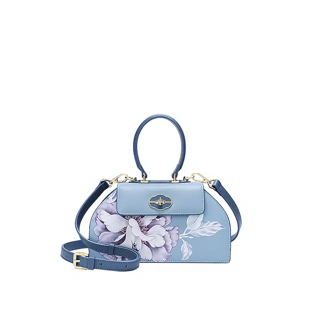 古伊西 芍药花开新中式复古 中国风印花工艺 牛皮 旗袍妈妈手提单肩斜挎包 小号 女款 晴山蓝