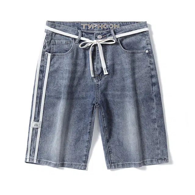 雅鹿 系带中腰时尚潮牌百搭水洗耐磨薄款高街五分牛仔短裤 男款 蓝灰