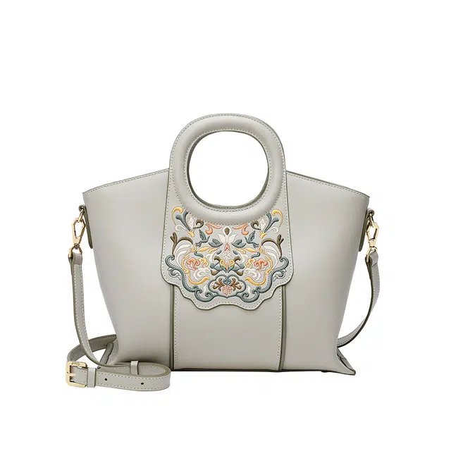 古伊西 敦煌图腾新中式饺子包 国风刺绣工艺 牛皮旗袍大气妈妈手提斜挎包 女款 玉簪青灰