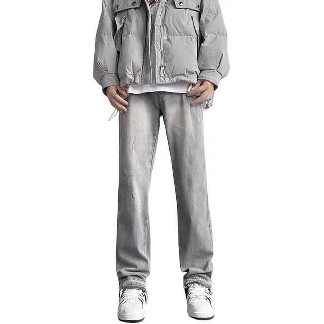 雅鹿 美式高街复古百搭直筒宽松水洗耐磨中腰牛仔裤 男款 浅烟灰