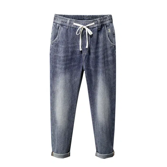 雅鹿 宽松直筒哈伦系带休闲牛仔裤 男款 蓝色