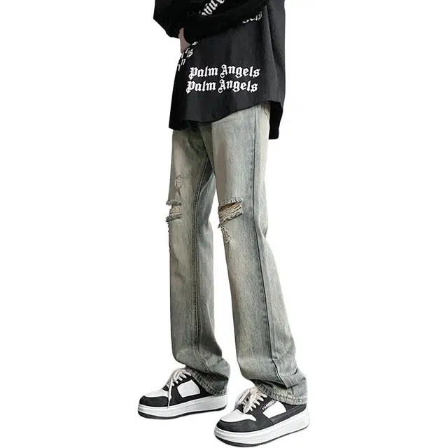 雅鹿 高街美式复古潮牌破洞直筒宽松水洗耐磨中腰牛仔裤 男款 黄泥