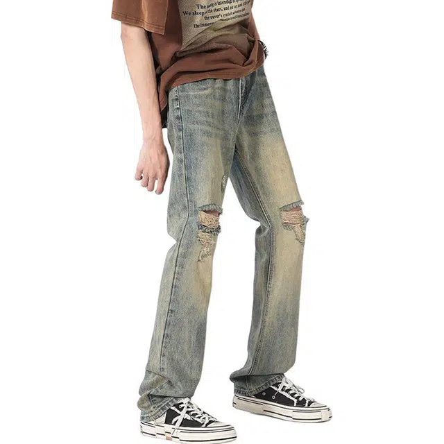 雅鹿 美式复古破洞百搭休闲水洗耐磨宽松直筒垂感牛仔裤 男款 泥黄