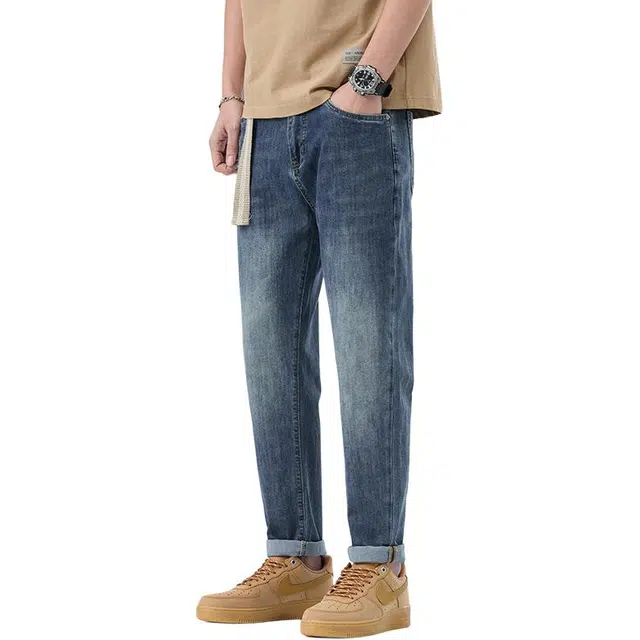 雅鹿 宽松休闲锥形九分中腰牛仔裤 男款 蓝色