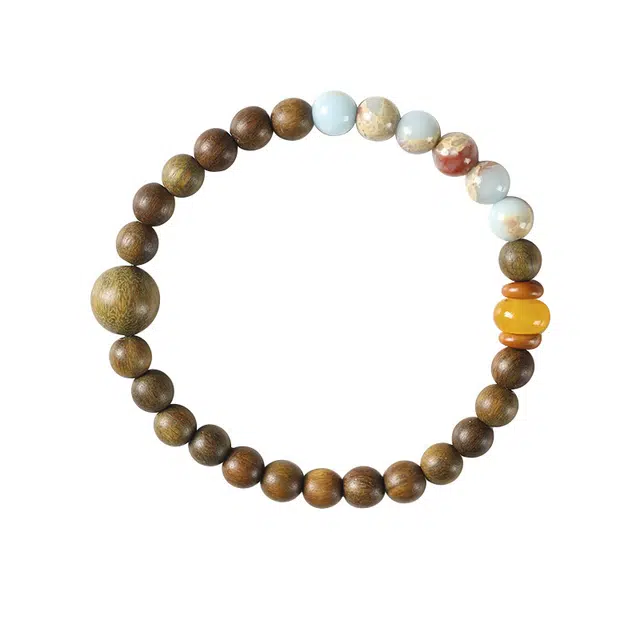 岁月静好 新中式国风文艺轻奢田园细款念珠拼寿山石好运单圈文玩佛珠 檀木 木作手串 男女同款情侣款 绿檀