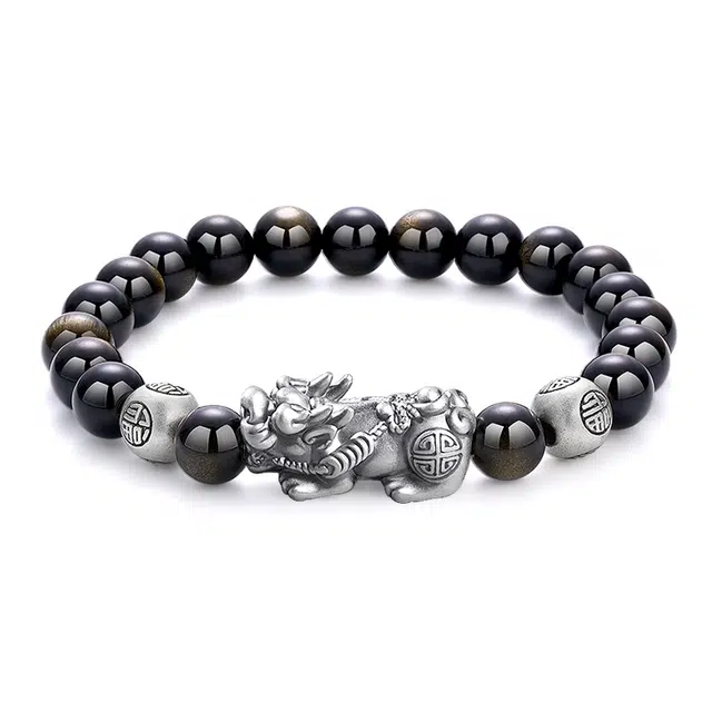 醉倾城 招财福珠貔貅 新中式国潮霸气沉稳复古纳福吞金兽 黑曜石 玉石手串 男款