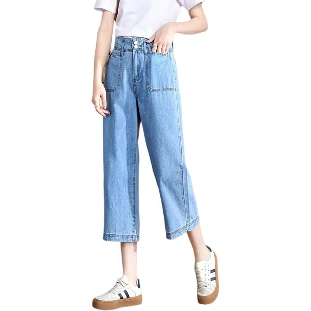 惟熙 窄版薄款双扣高腰宽松小个子垂感直筒七分裤牛仔裤 女款 浅蓝色
