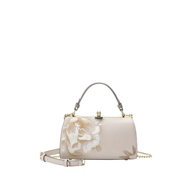 古伊西 国色牡丹 新中式枕头包 国风元素刺绣工艺 牛皮 小众国潮口金包 斜挎手提包 中号 女款 石蕊红