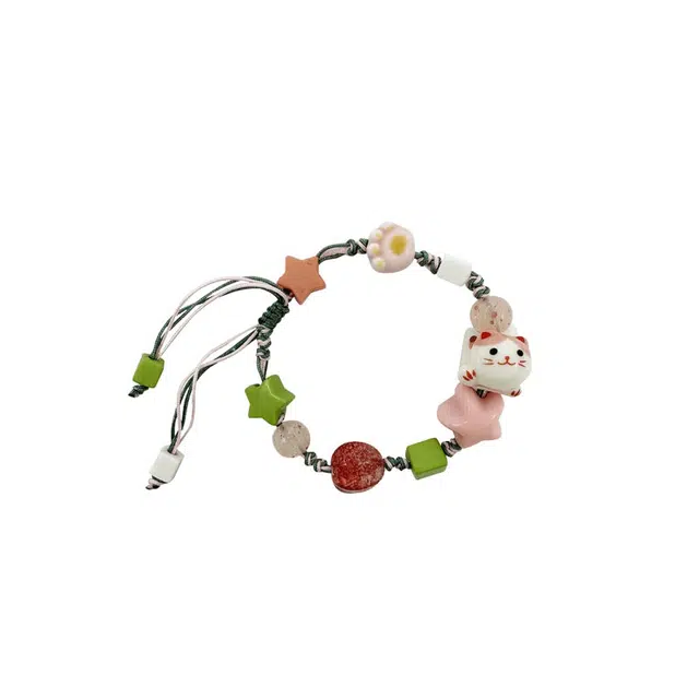 大唐国鼎 招财猫 小众设计感 简约时尚彩色 多巴胺甜美可爱少女心萌趣猫咪 陶瓷 手链 女款
