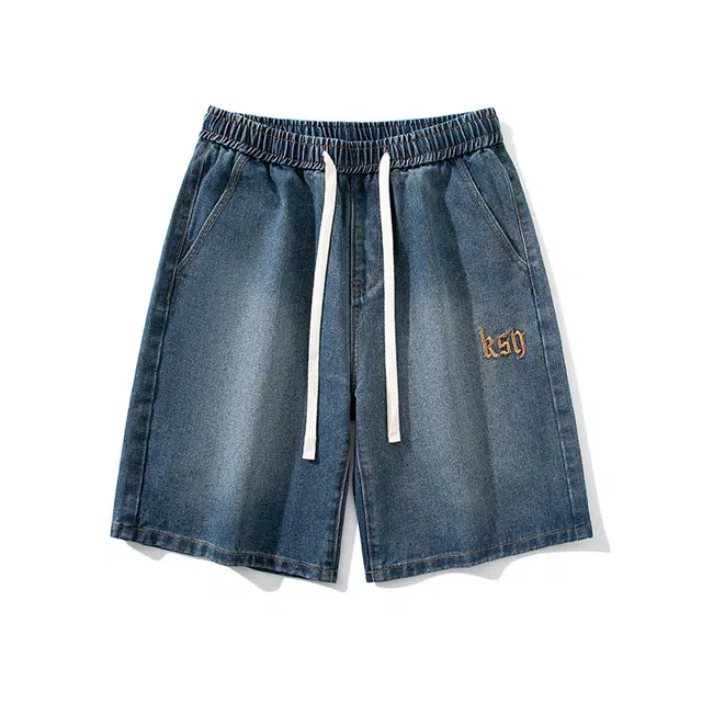 雅鹿 字母纯色松紧腰宽松百搭水洗耐磨休闲薄款牛仔短裤 男款