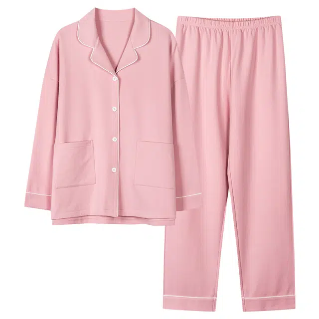 莫代尔 简约纯色亲肤舒适翻领开衫长袖上衣松紧带休闲可外穿长裤睡衣套装 女款 粉红色