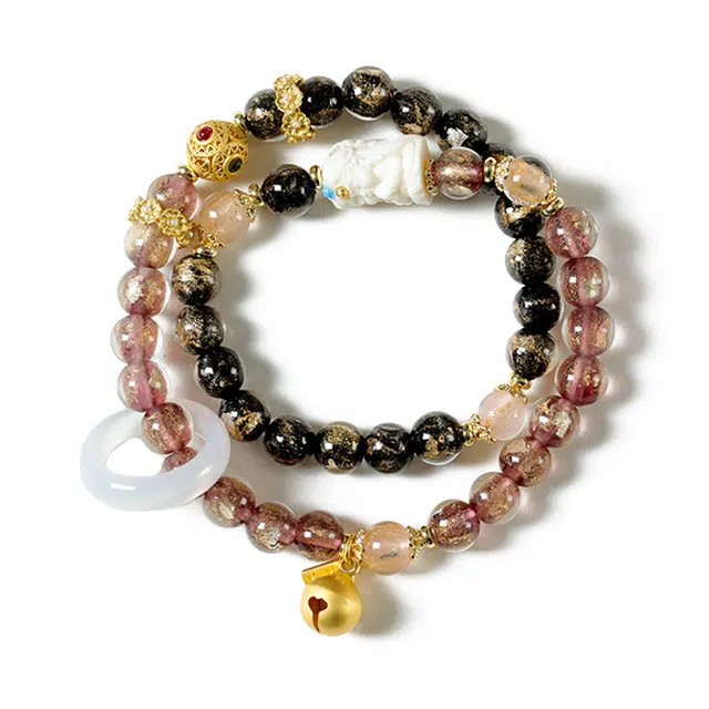 琉堇 国潮扎基拉姆撞色香灰双圈跑环文玩 国风轻奢小众招桃花串珠 汉服旗袍素雅禅意念珠 琉璃 手串 男女同款情侣款