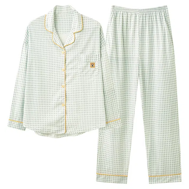 莫代尔 舒适时尚翻领开衫透气亲肤双口袋长袖上衣松紧带长裤休闲居家可外穿少女睡衣套装 女款 乳白色