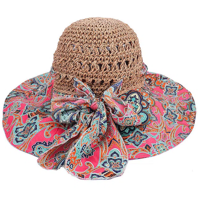 浪莎 春夏图腾红色精美花朵大蝴蝶结大沿遮阳 纤维素聚酯纤维 防晒帽子 男女同款情侣款