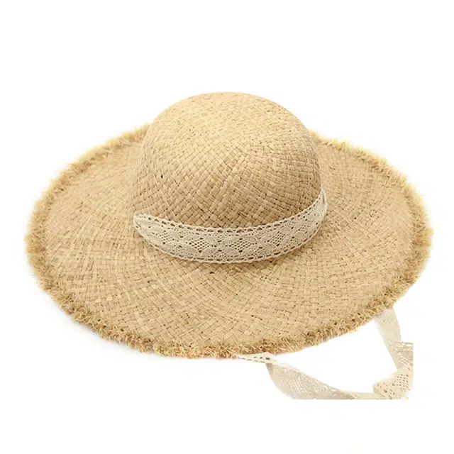 浪莎 春夏季卡其色蕾丝系带草编大帽檐遮阳防晒防紫外线 纤维素 沙滩帽太阳帽 男女同款情侣款