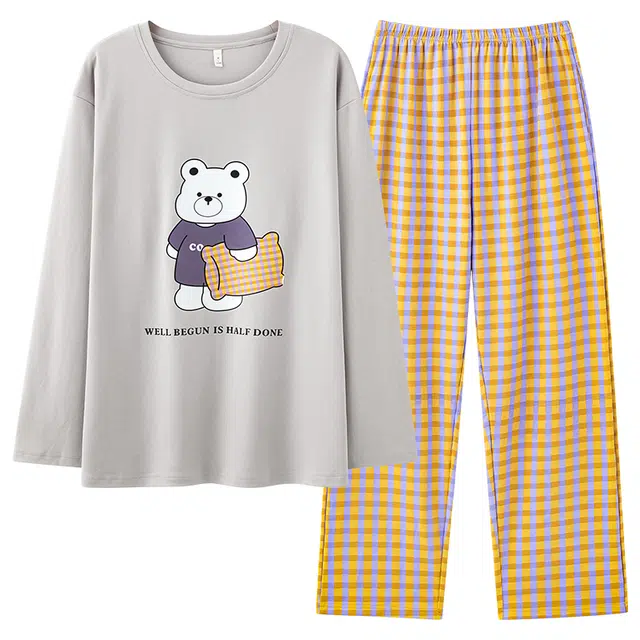 莫代尔 纯色时尚卡通印花舒适亲肤透气圆领套头长袖双口袋格子长裤可外穿男士睡衣套装 男款 浅灰色