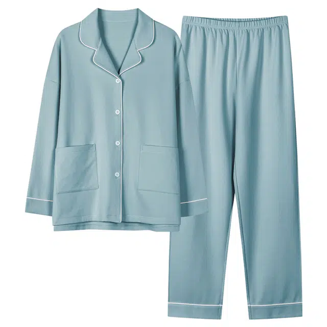 莫代尔 舒适透气翻领开衫纯色长袖上衣松紧长裤休闲居家可外穿少女睡衣套装 女款 浅蓝色