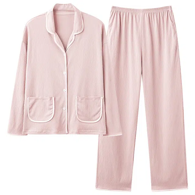 莫代尔 纯色舒适透气亲肤翻领开衫长袖长裤休闲居家可外穿少女睡衣套装 女款 藕色