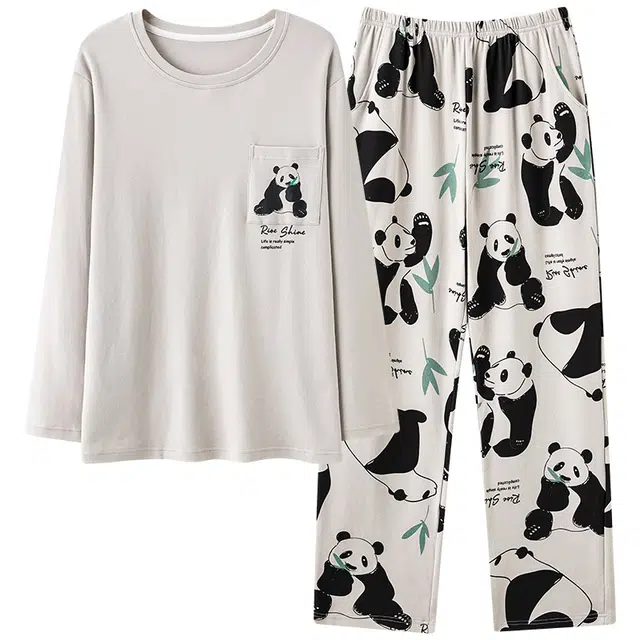 莫代尔 时尚舒适满印亲肤透气圆领套头长袖双口袋长裤可外穿睡衣套装 男款 浅灰色