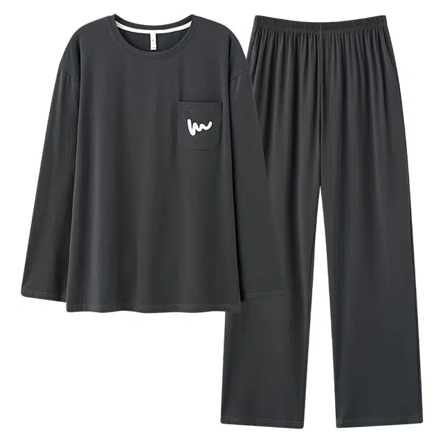 鸭鸭 舒适柔软透气圆领长袖可外穿简约套头上衣松紧腰长裤睡衣套装 男款 岩灰