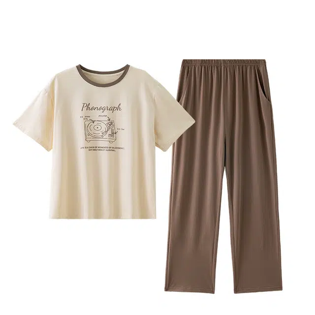 梦特娇 家居服可外穿 薄款圆领套头短袖长裤 休闲简约风柔软舒适凉感大码宽松百搭两件套睡衣套装 夏季 女款 雅杏色