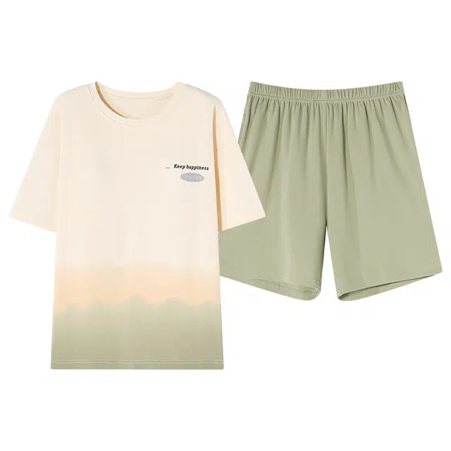 梦特娇 纯棉短袖短裤可外穿 带胸垫防凸点 甜美可爱渐变小众设计 宽松舒适亲肤百搭圆领套头家居服睡衣套装 夏季 女款 抹茶杏