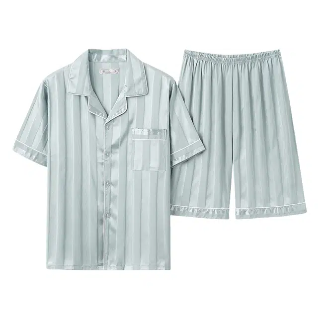 雅鹿 凉感透气小清新翻领短袖五分裤家居服睡衣套装 男款 浅绿