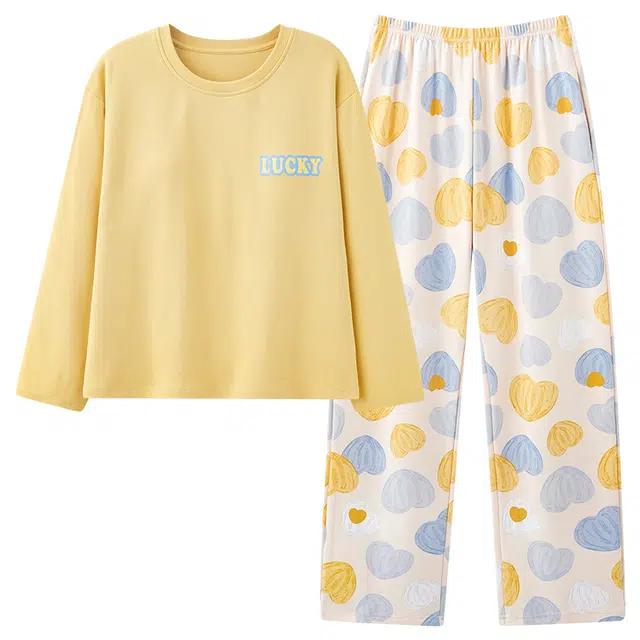 莫代尔 纯色心形字母印花满印亲肤套头圆领长袖上衣双口袋长裤休闲居家带胸垫防凸点可外穿少女睡衣套装 女款 柠檬黄