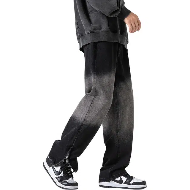 雅鹿 渐变百搭潮牌宽松阔腿百搭直筒休闲垂感显瘦水洗复古牛仔裤 男款 黑色