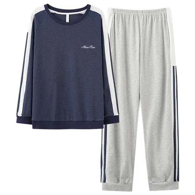 莫代尔 舒适亲肤柔软透气细腻耐磨长袖不勒腹长裤可居家休闲可外穿睡衣套装 男款 藏青色