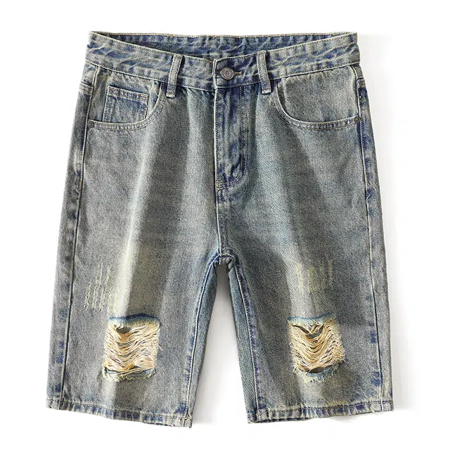 雅鹿 做旧嘻哈街头破洞时尚潮流宽松百搭五分裤牛仔短裤 男款 黄泥蓝