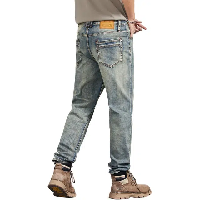 雅鹿 复古浅色宽松休闲弹力直筒怀旧牛仔裤 男款 黄泥蓝